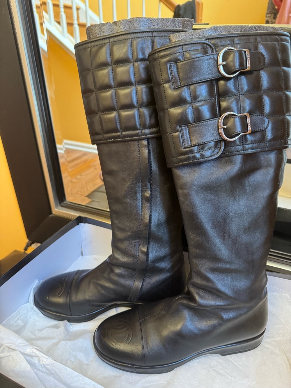 CHANEL Black Quilted Cuff Knee Boots with Double Buckles